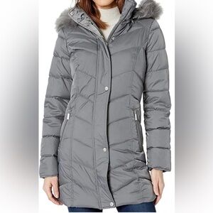 Kenneth Cole New York Silver Puffer Jacket with Faux Fur Hood